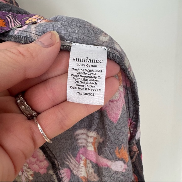 Sundance Marcleine Ruffle shoulder Blouse Gray and Pink Floral Bird Print M - Picture 8 of 9